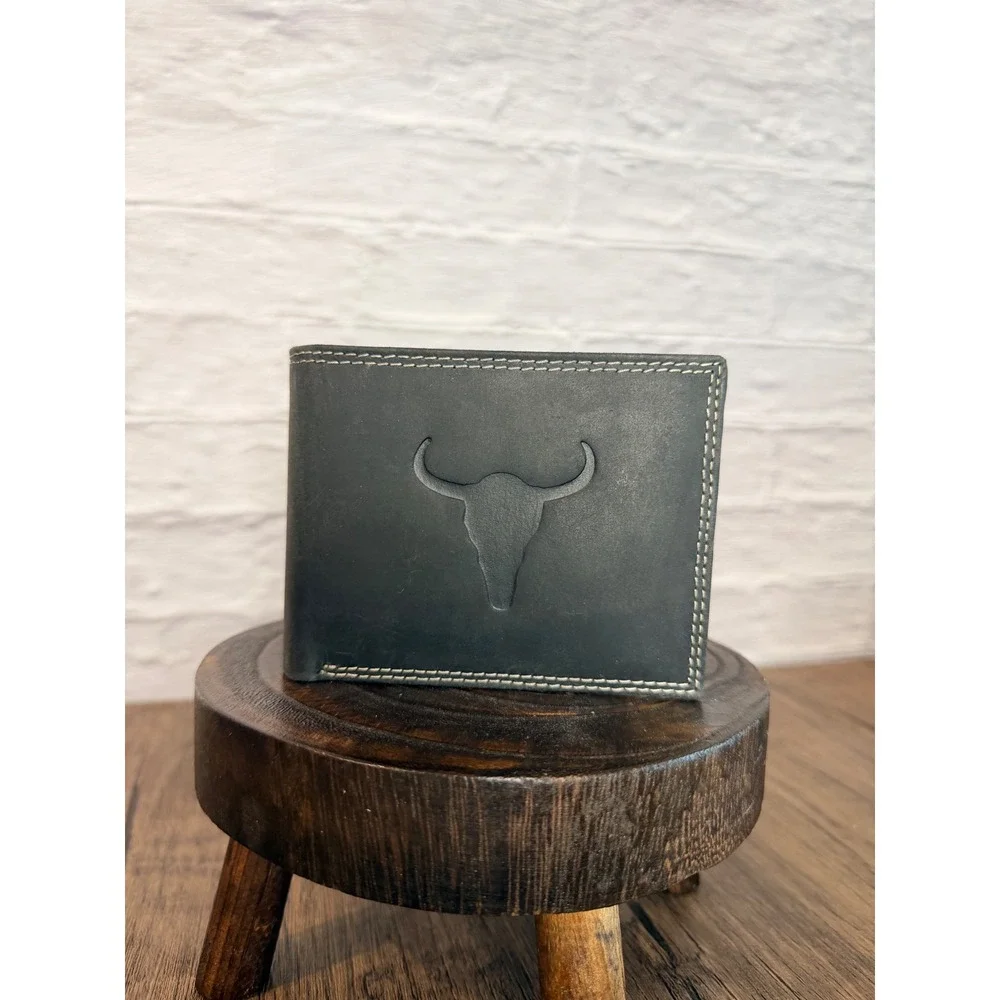 American Bison Mens Black Leather Bifold Wallet with ID Window and Gift Box